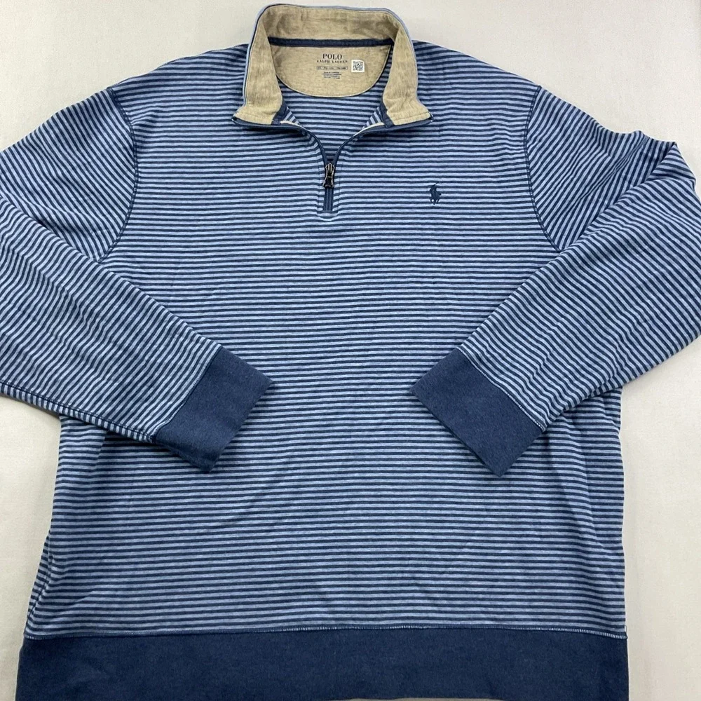 Polo Ralph Lauren Sweater Men Sz 2XL 1/4 Zip Striped Jersey Pullover Blue Pony
